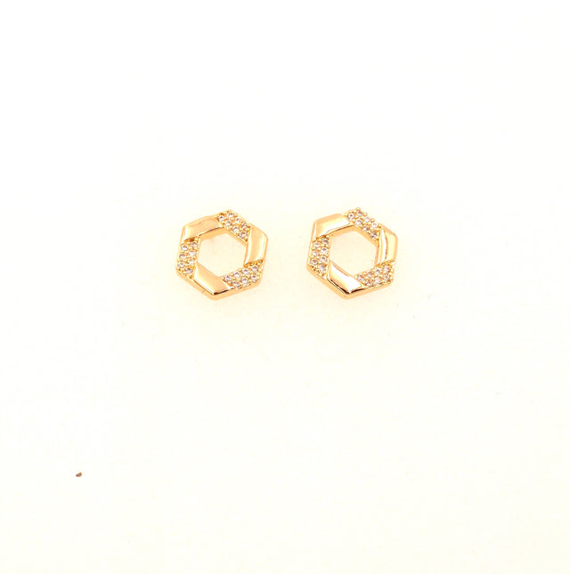 Gold Plated Hexagon Stud Earrings with Sparkling CZ Stones