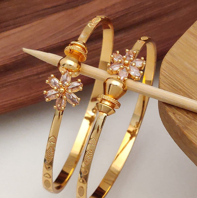 Elegant Floral Gold-Plated Bangles with Light Pink Stones – Festive & Party Wear