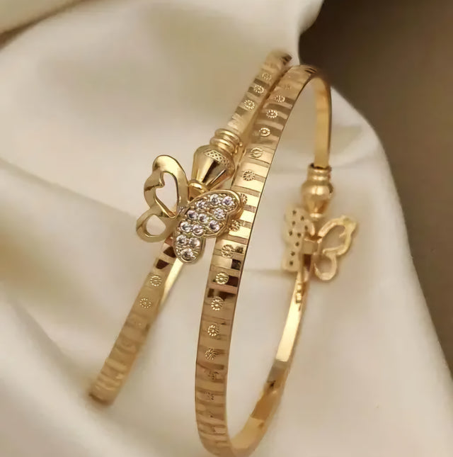 Butterfly Charm Gold-Plated Bangles with Sparkling CZ Stones – Elegant Everyday Wear