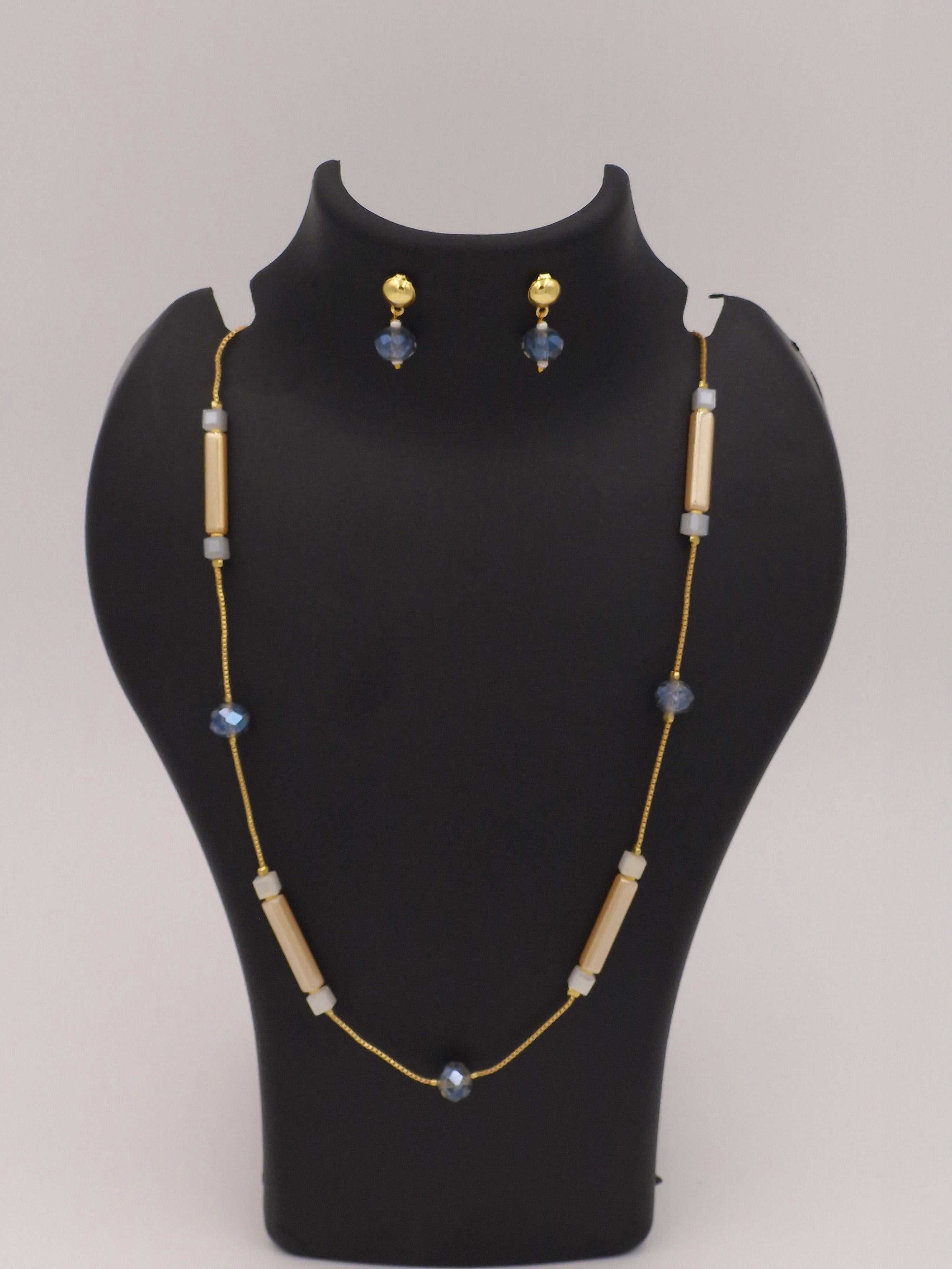 Long Beaded Necklace & Earrings Set for Women | Blue Crystal & Gold Rod Chain Jewellery Combo
