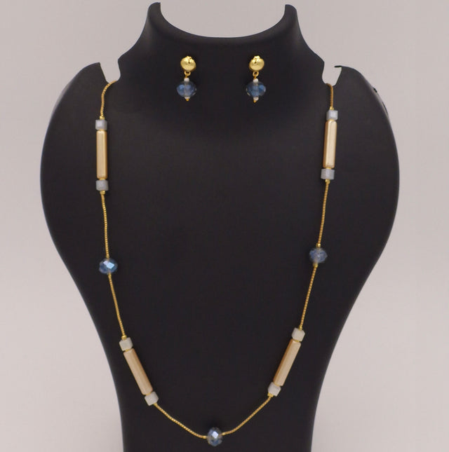 Long Beaded Necklace & Earrings Set for Women | Blue Crystal & Gold Rod Chain Jewellery Combo