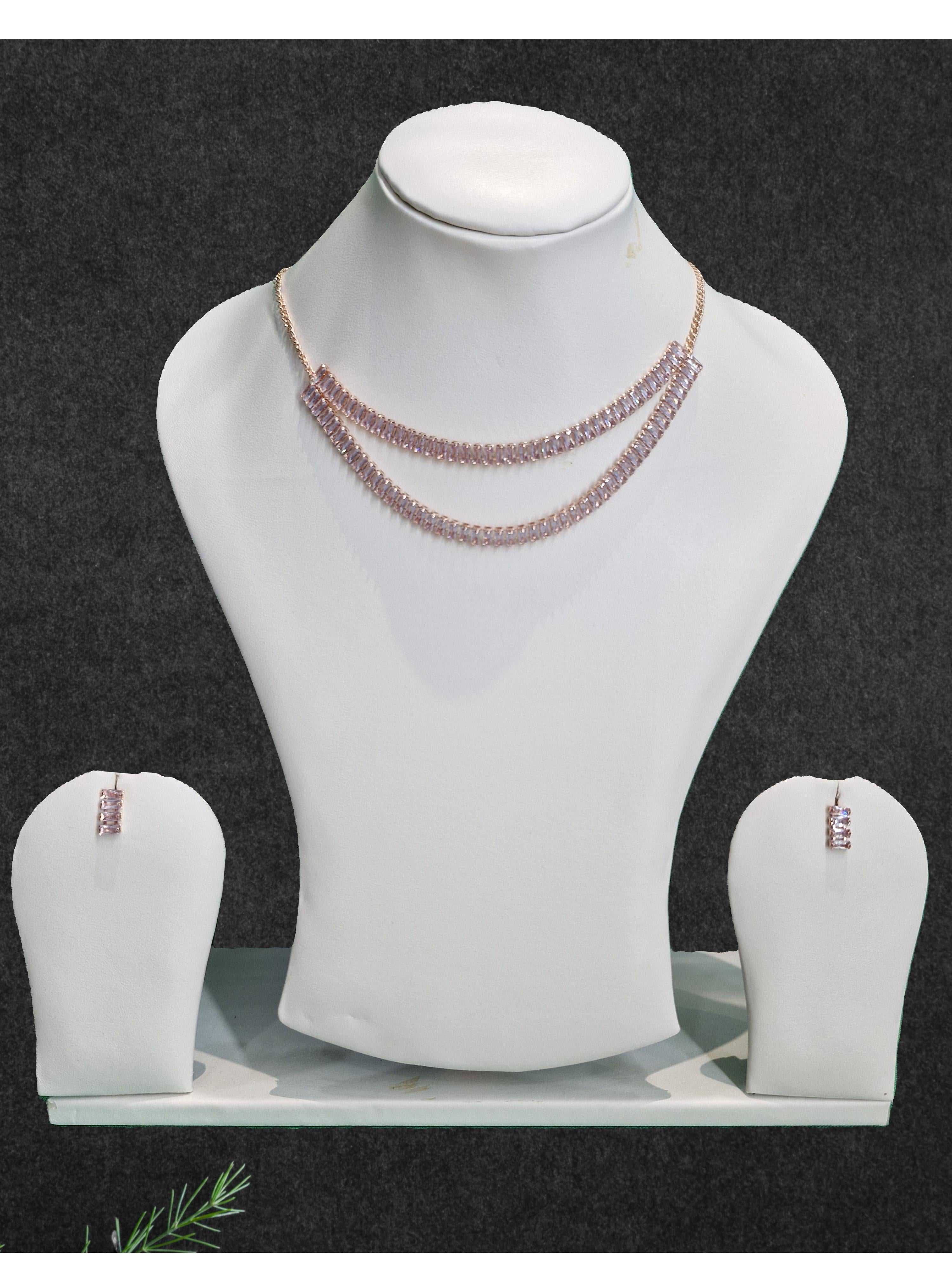 Elegant Double Layer Crystal Necklace Set with Earrings – Rose Gold Plated Party Wear Jewellery