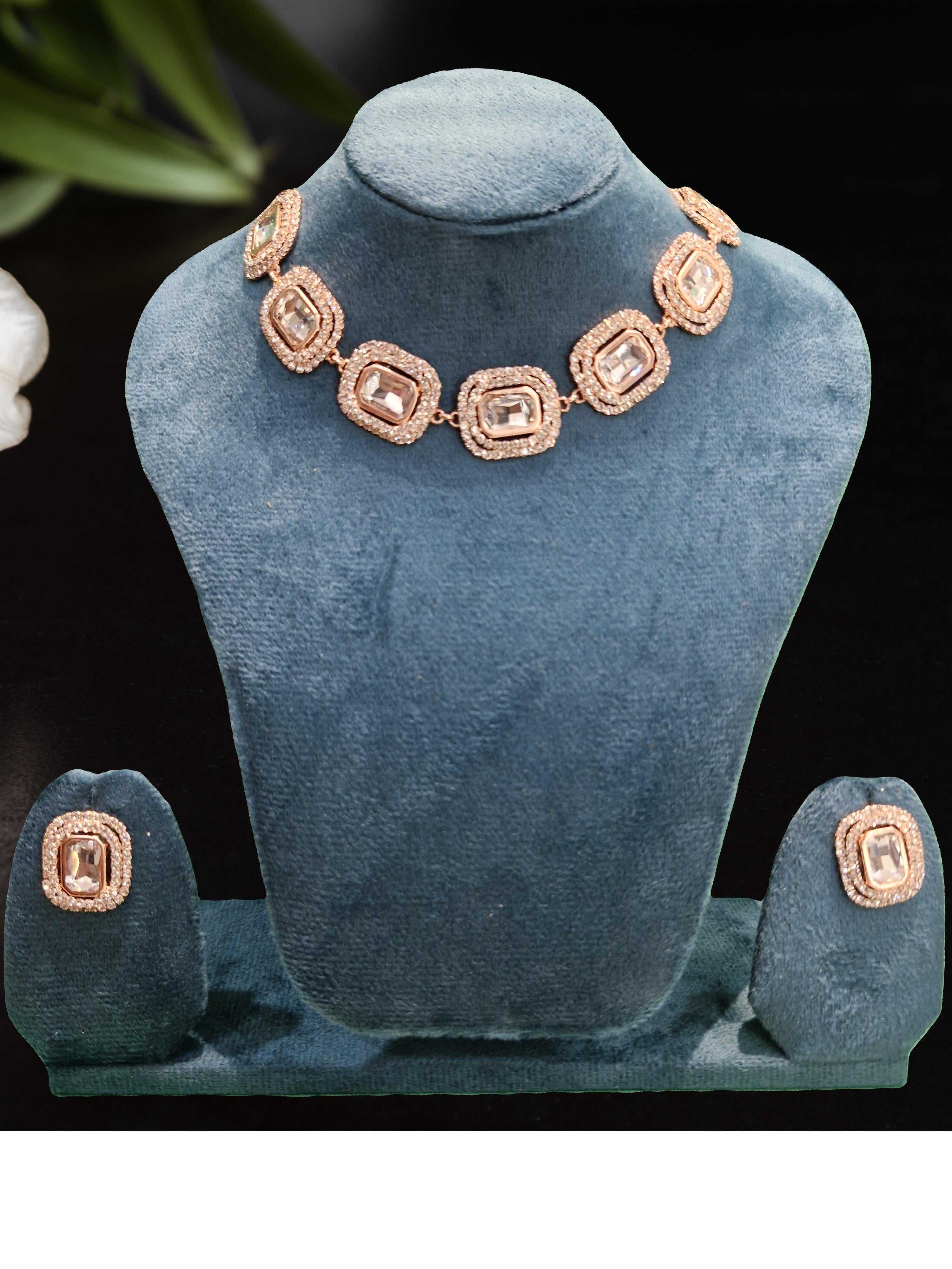 Premium Square Crystal Choker Necklace Set with Earrings – Rose Gold Plated Party Jewellery