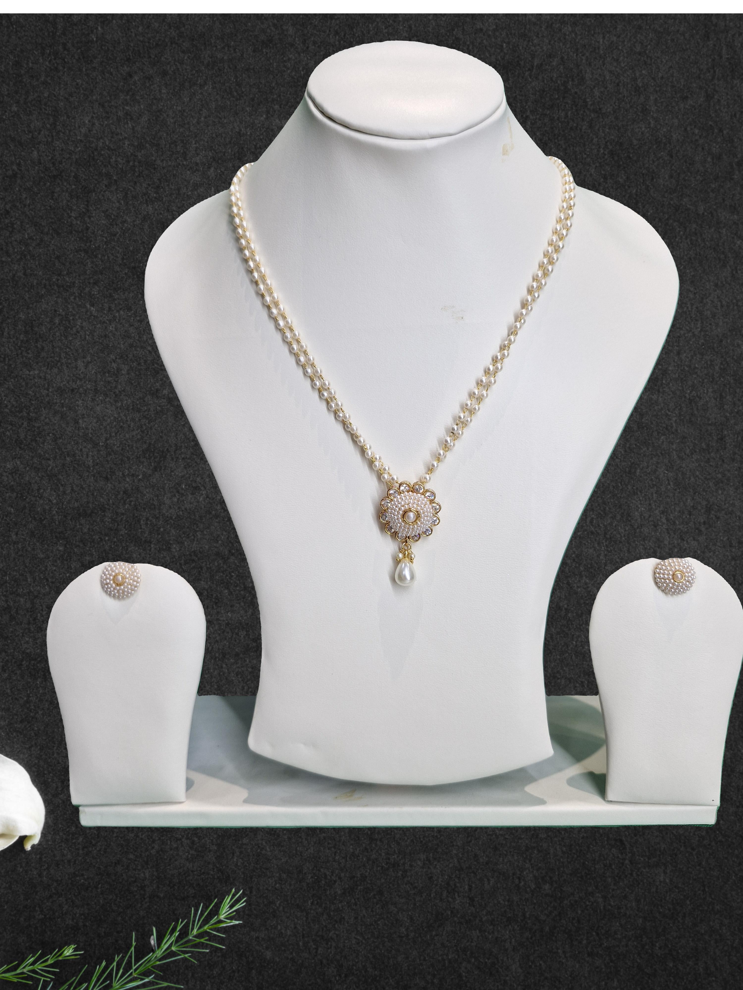 Traditional Pearl Beaded Necklace Set with Floral Pendant & Matching Stud Earrings for Women