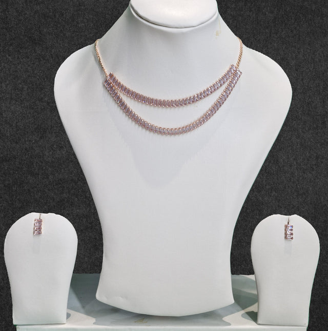 Elegant Double Layer Crystal Necklace Set with Earrings – Rose Gold Plated Party Wear Jewellery