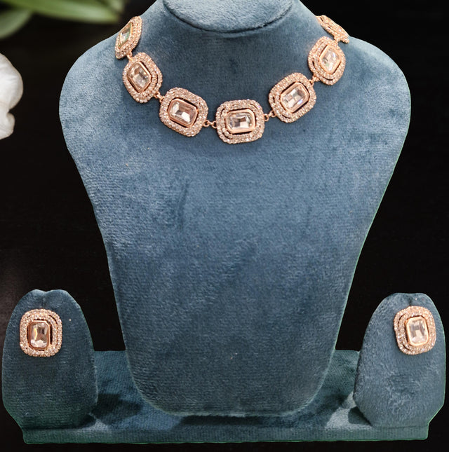 Premium Square Crystal Choker Necklace Set with Earrings – Rose Gold Plated Party Jewellery