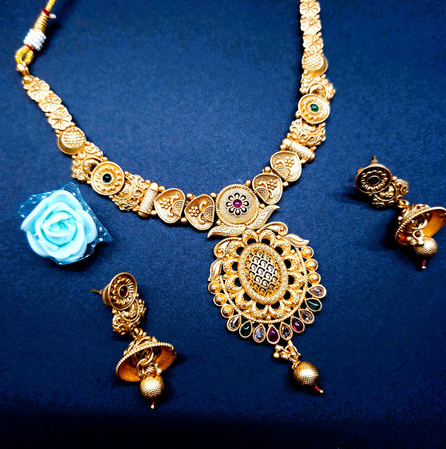 Traditional Gold Plated Necklace Set with Jhumka Earrings for Women – Bridal & Festive Jewellery