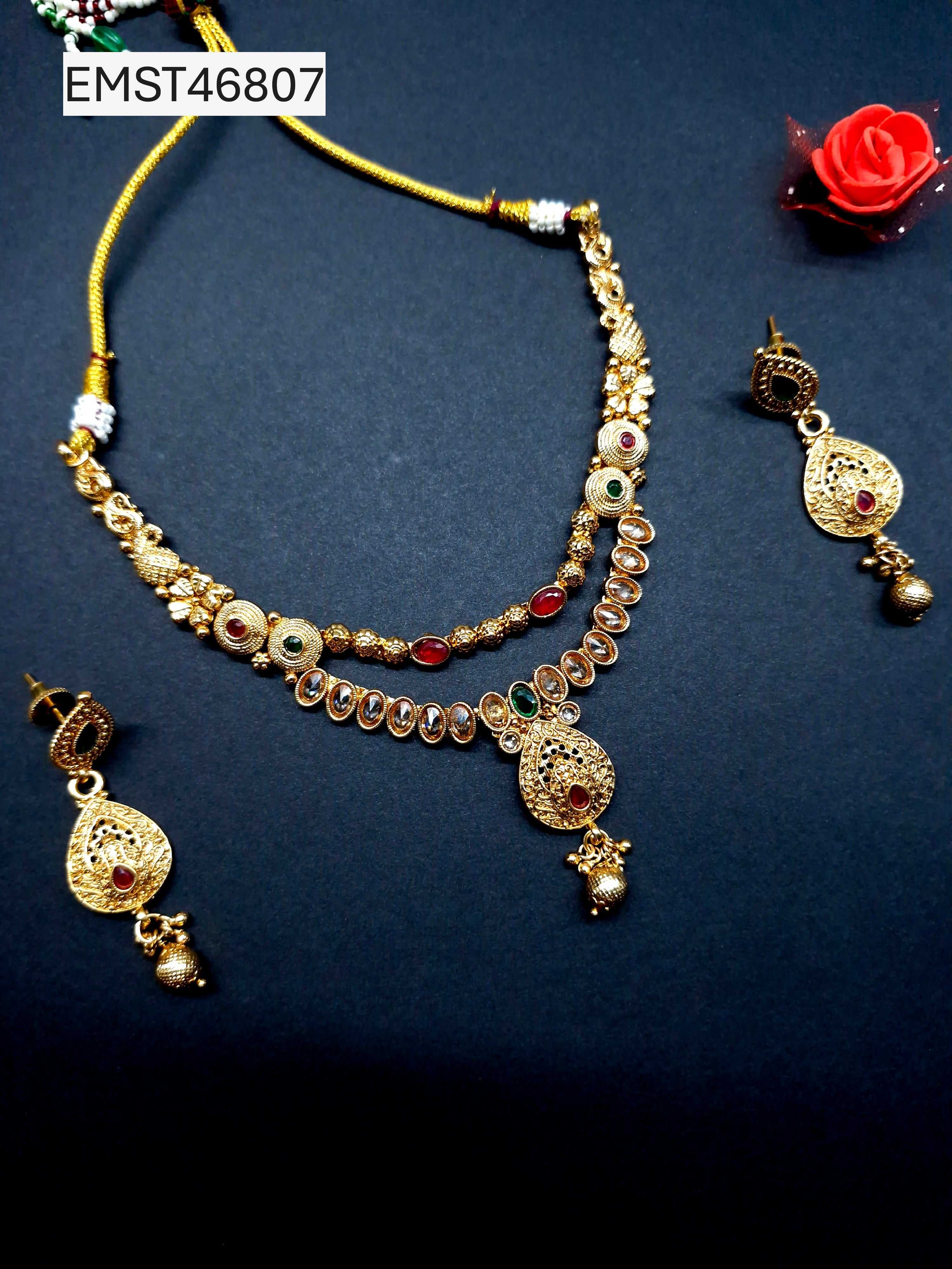 Dual Layer Gold Plated Necklace Set with Red & Green Stones – Traditional Bridal Jewellery