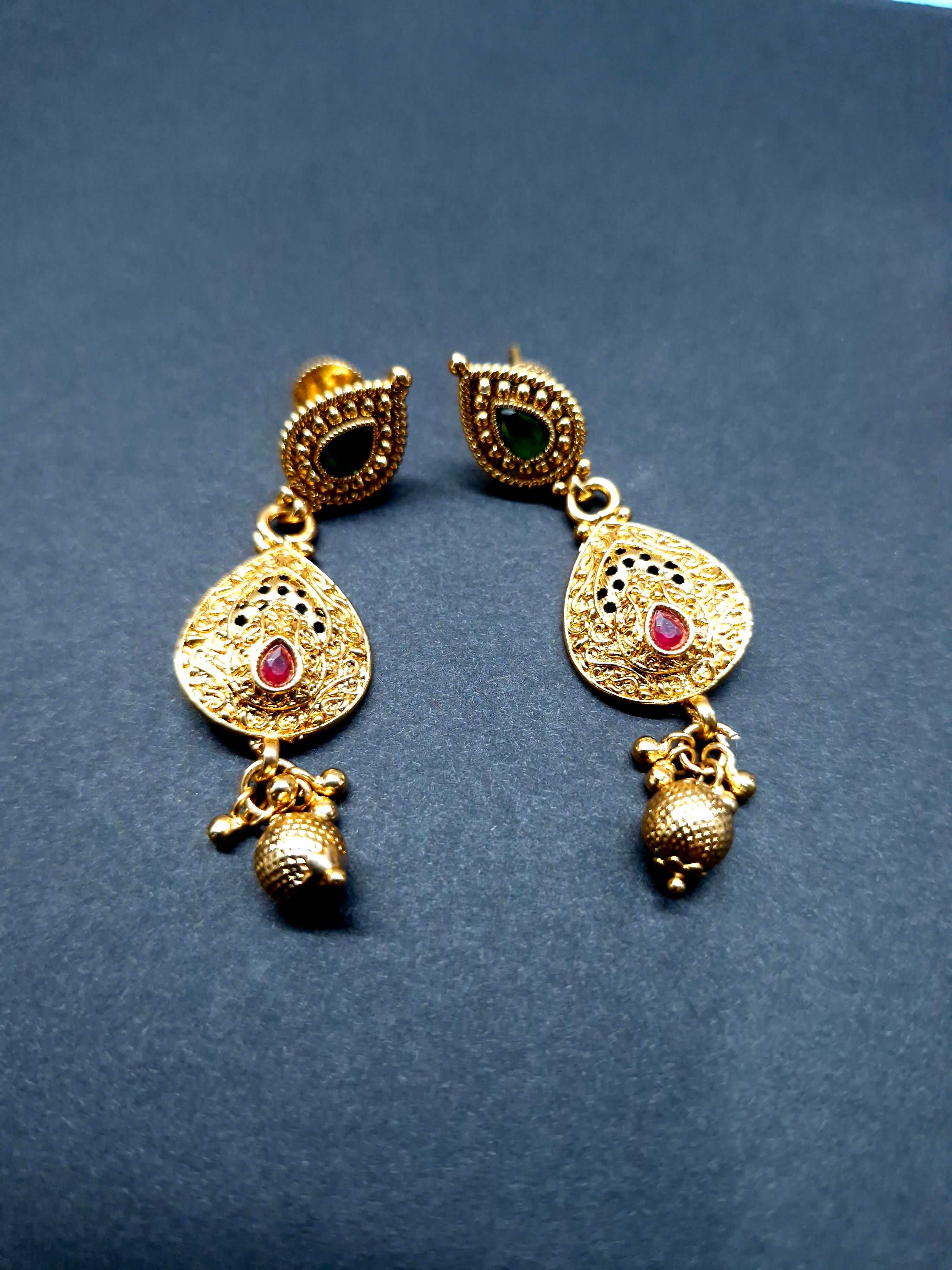 Dual Layer Gold Plated Necklace Set with Red & Green Stones – Traditional Bridal Jewellery