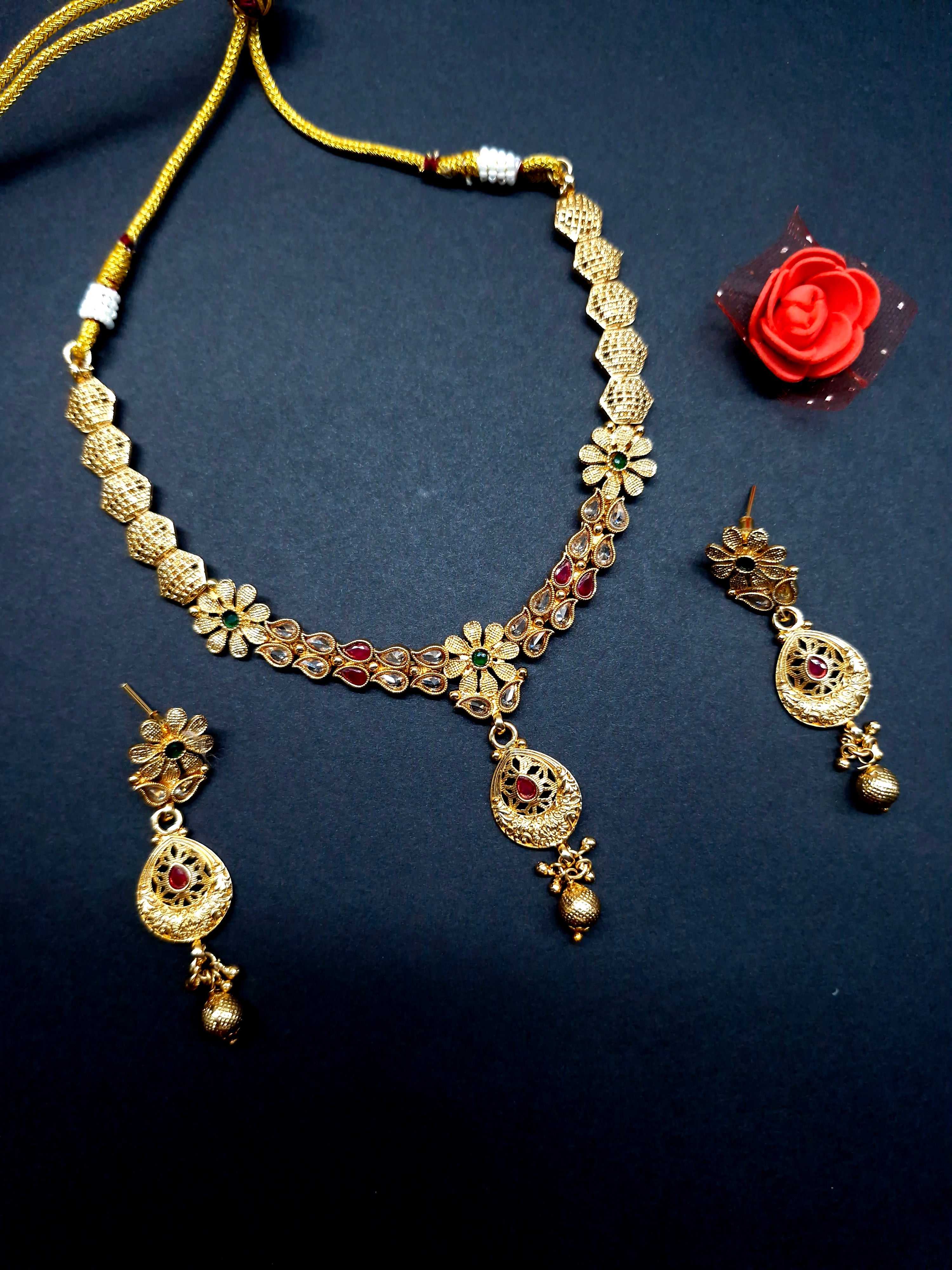 Traditional Floral Gold Plated Necklace Set with Teardrop Earrings – Festive & Party Jewellery