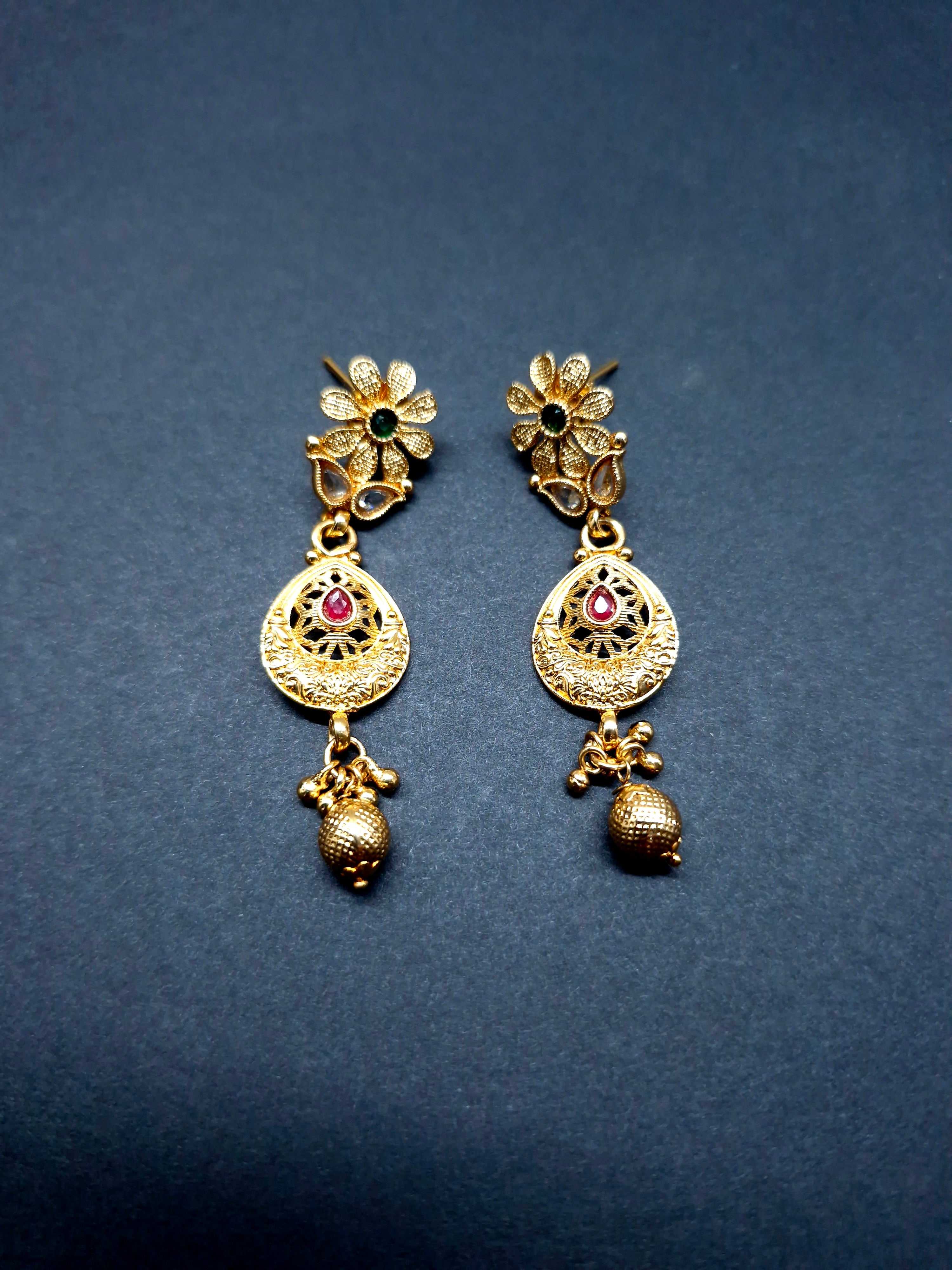 Traditional Floral Gold Plated Necklace Set with Teardrop Earrings – Festive & Party Jewellery