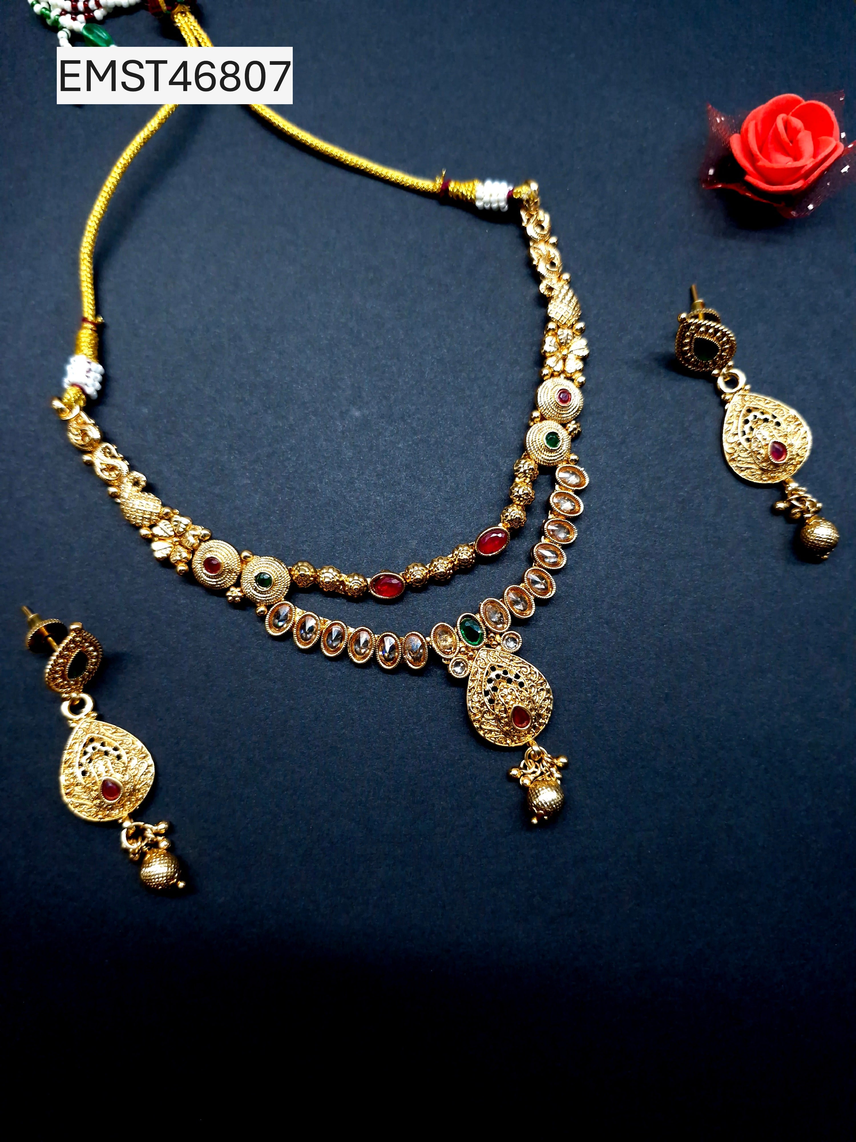 Dual Layer Gold Plated Necklace Set with Red & Green Stones – Traditional Bridal Jewellery