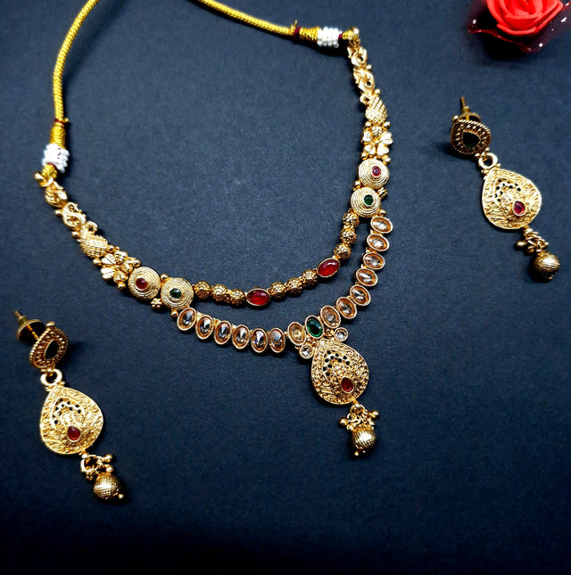 Dual Layer Gold Plated Necklace Set with Red & Green Stones – Traditional Bridal Jewellery