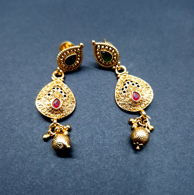 Dual Layer Gold Plated Necklace Set with Red & Green Stones – Traditional Bridal Jewellery