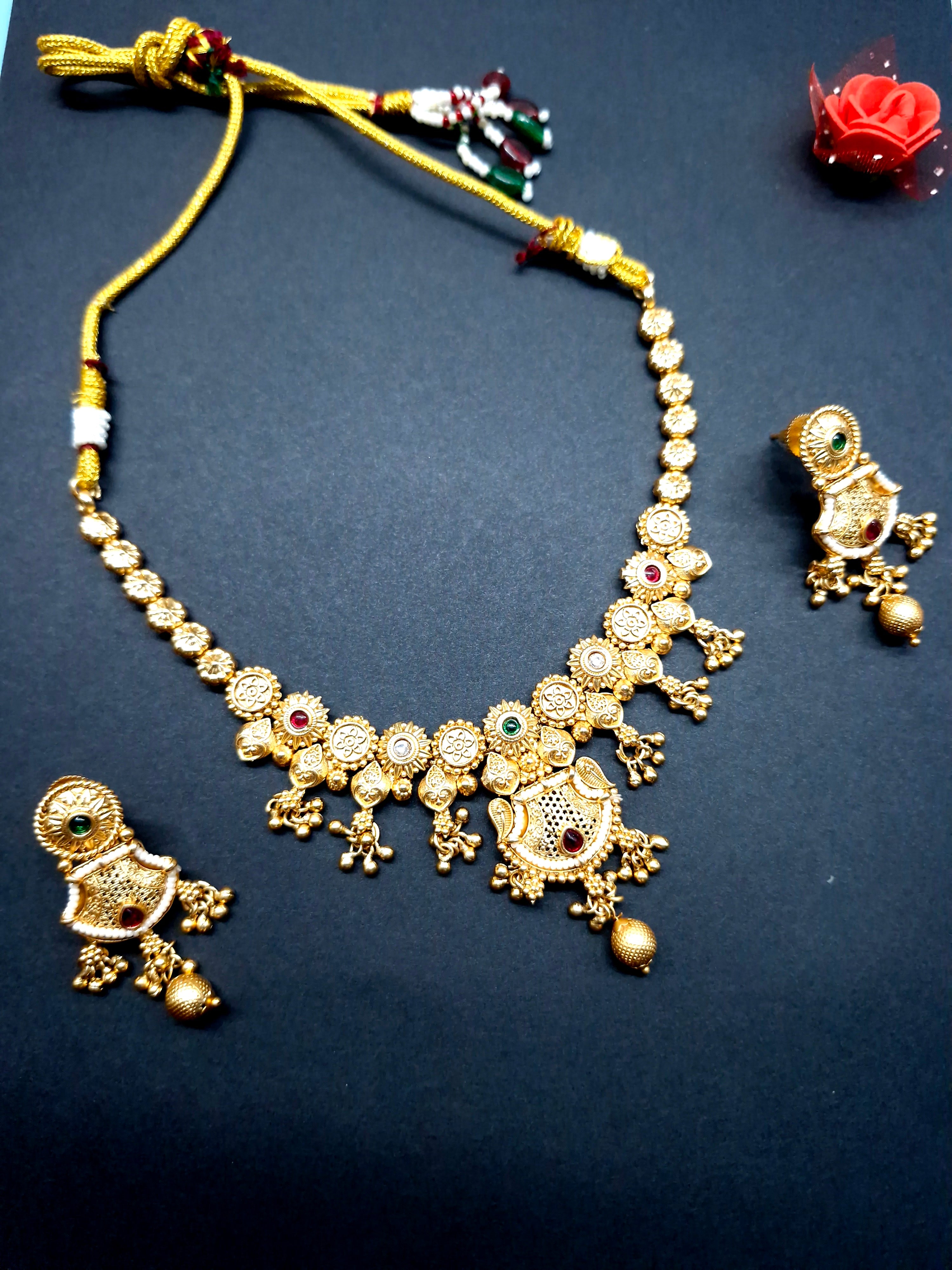 Traditional Gold-Plated Necklace Set with Earrings for Women