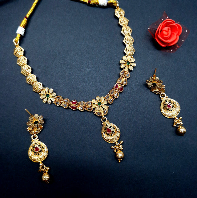 Traditional Floral Gold Plated Necklace Set with Teardrop Earrings – Festive & Party Jewellery