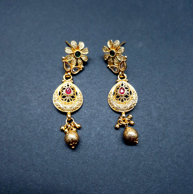 Traditional Floral Gold Plated Necklace Set with Teardrop Earrings – Festive & Party Jewellery