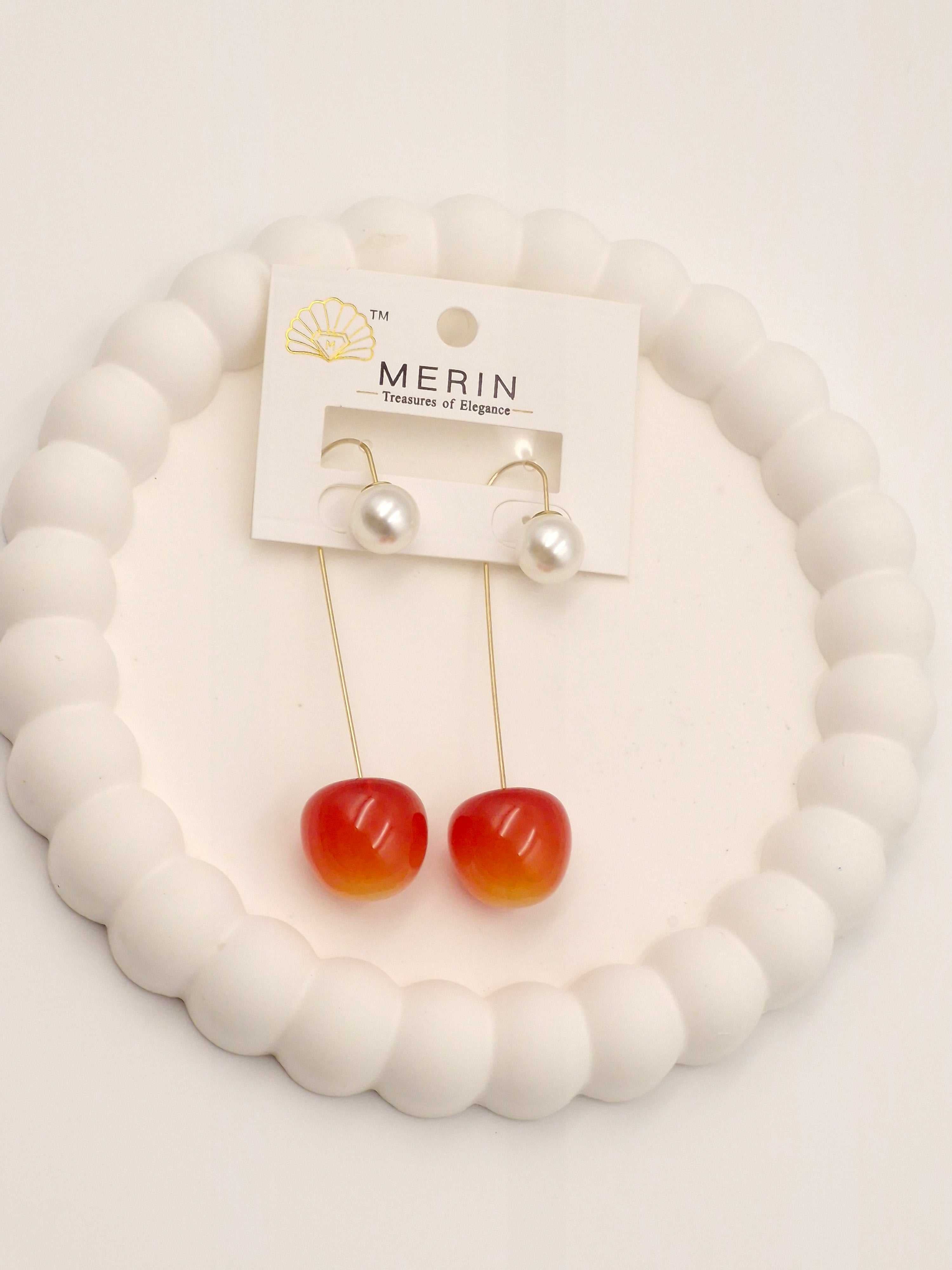 Trendy Pearl & Cherry Drop Earrings for Women – Stylish Long Dangle Earrings