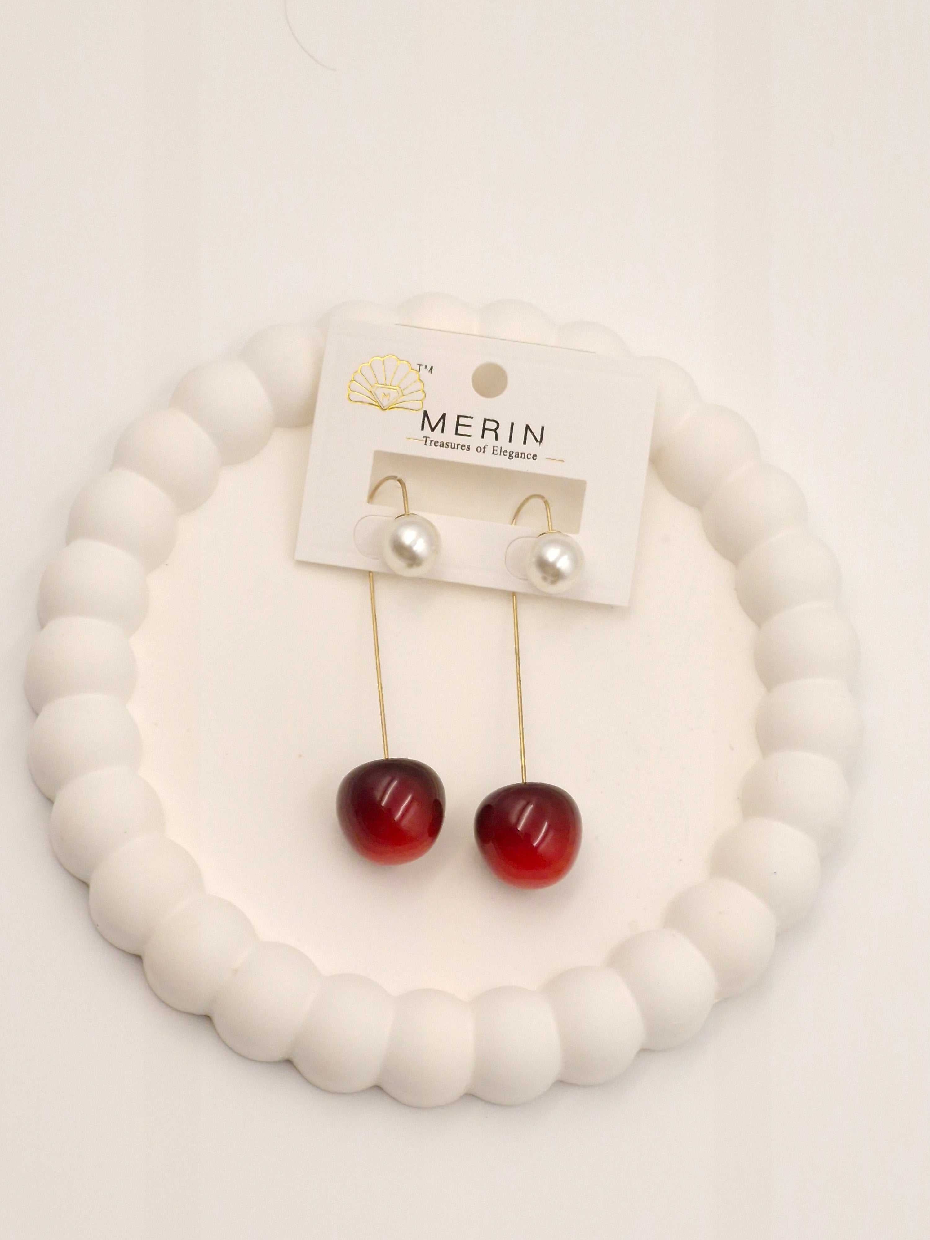 Trendy Pearl & Cherry Drop Earrings for Women – Stylish Long Dangle Earrings