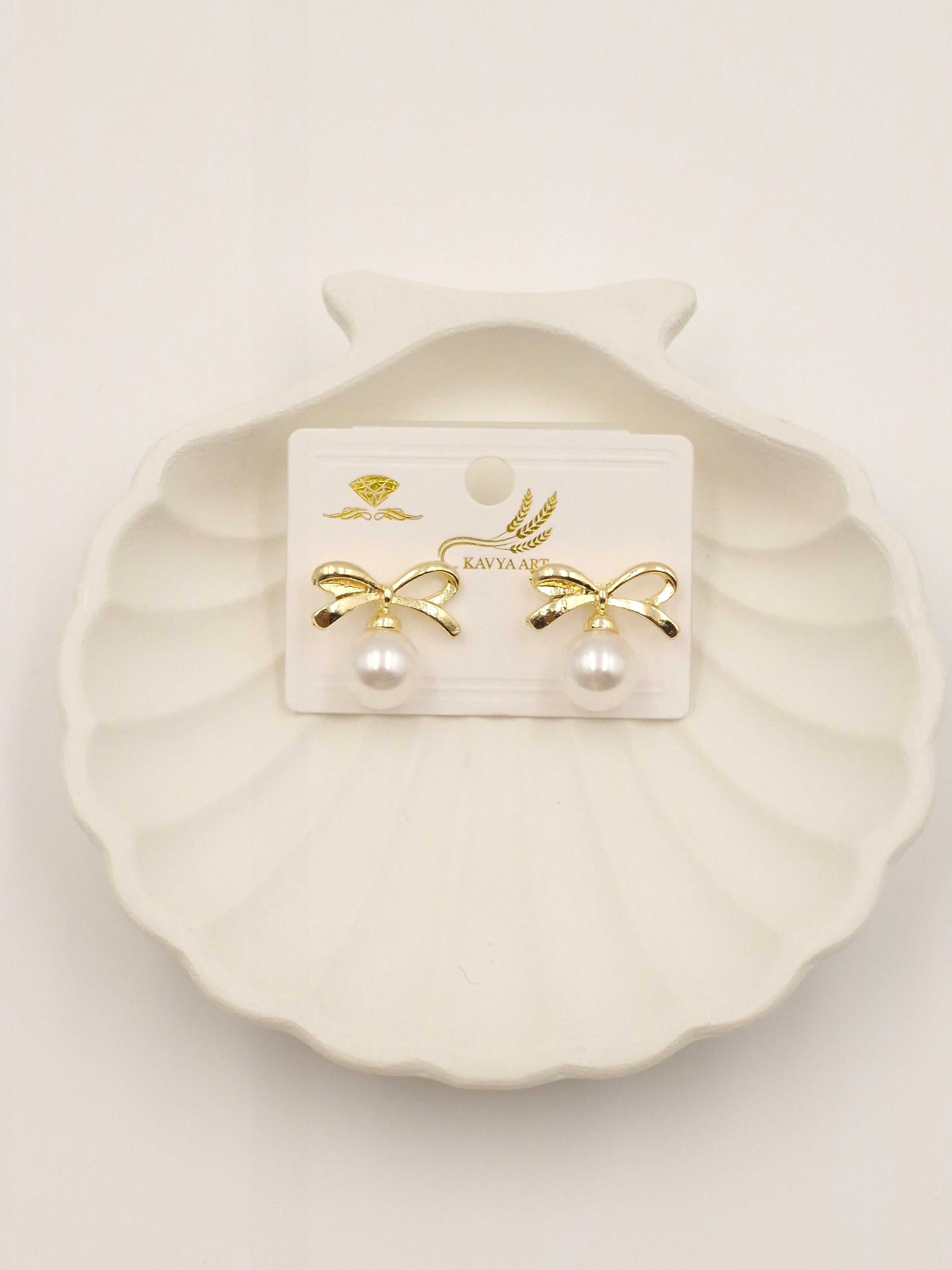Golden Bow Pearl Drop Earrings – Cute & Elegant Jewelry for Women