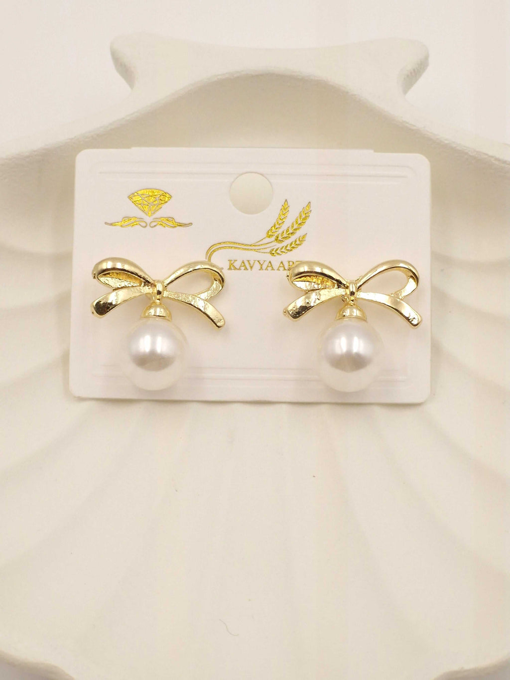 Golden Bow Pearl Drop Earrings – Cute & Elegant Jewelry for Women