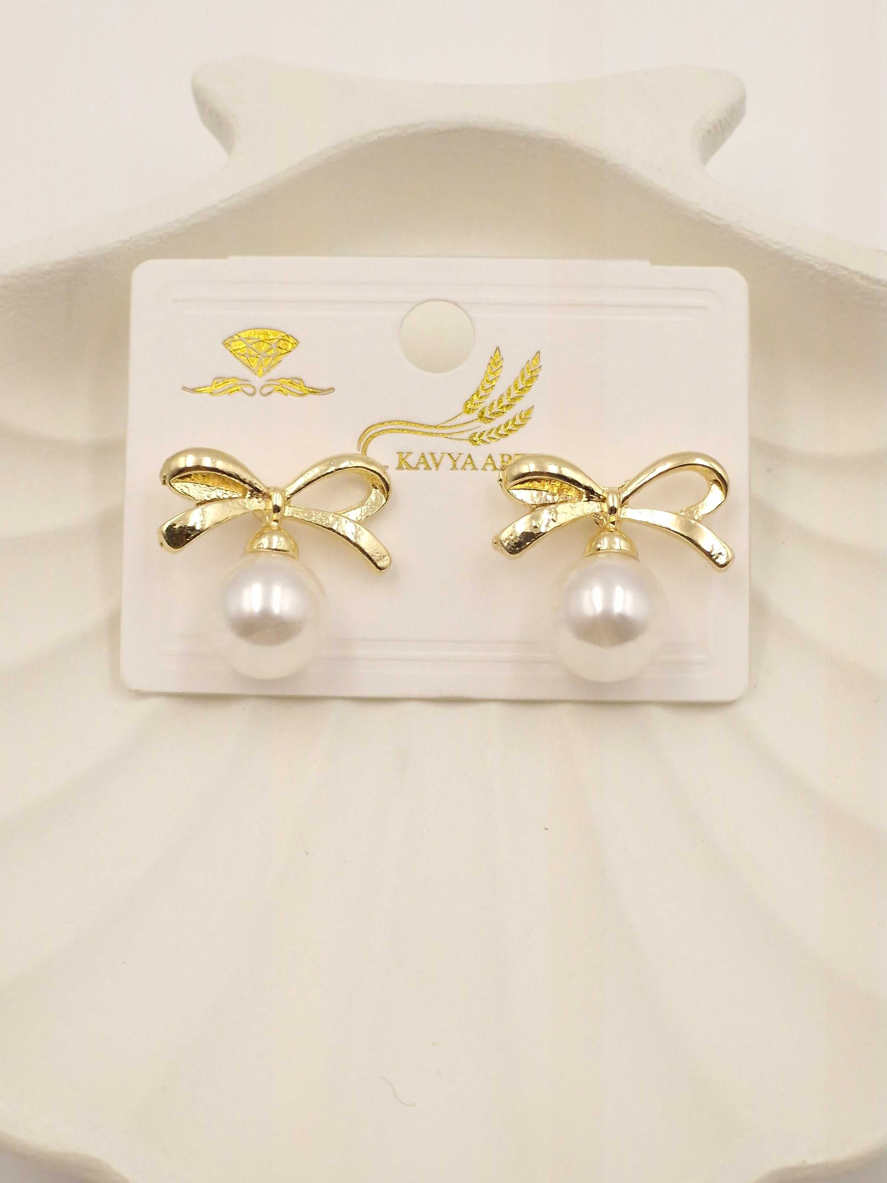 Golden Bow Pearl Drop Earrings – Cute & Elegant Jewelry for Women