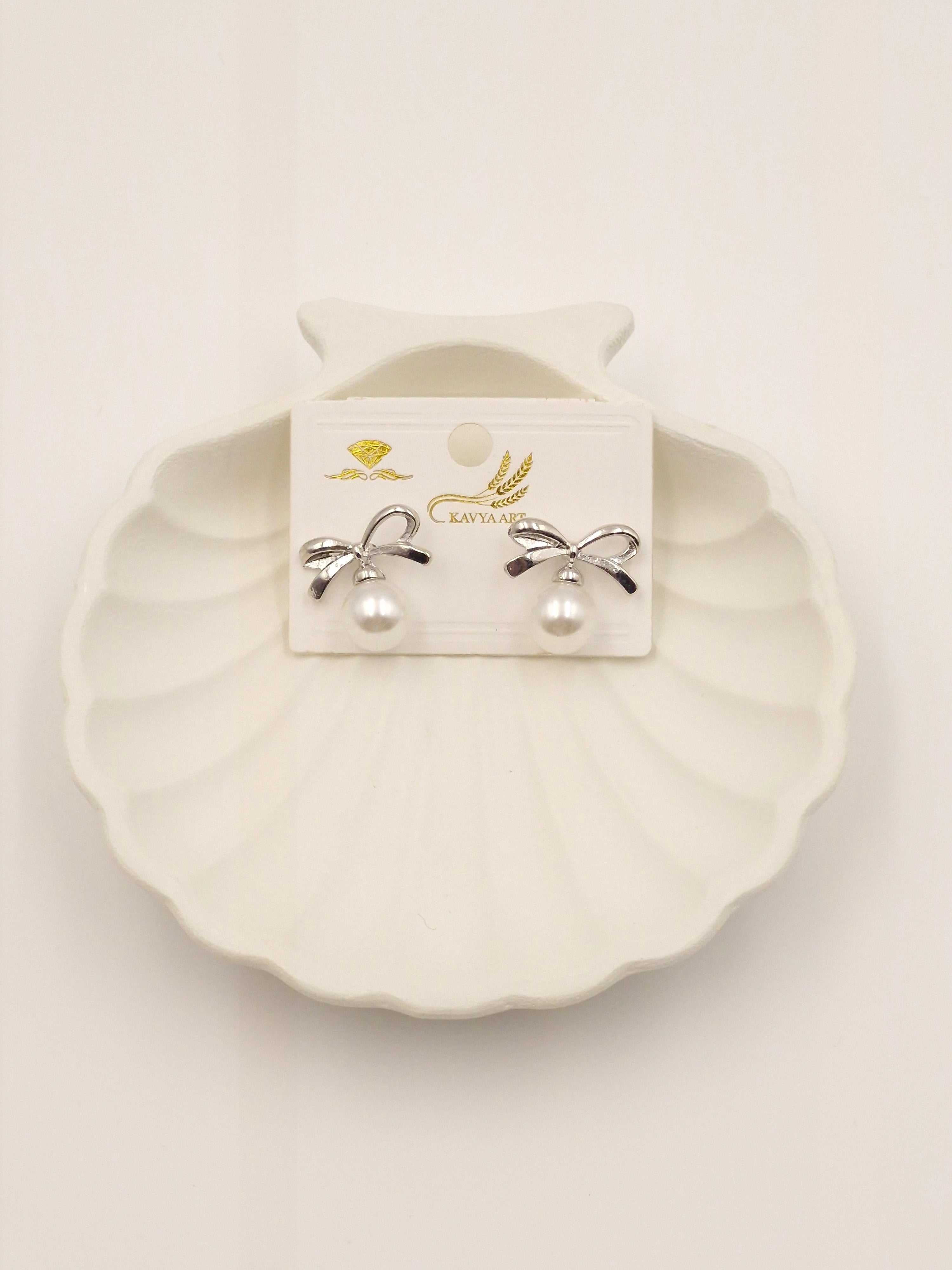 Silver Bow Pearl Drop Earrings – Cute & Elegant Jewelry for Women