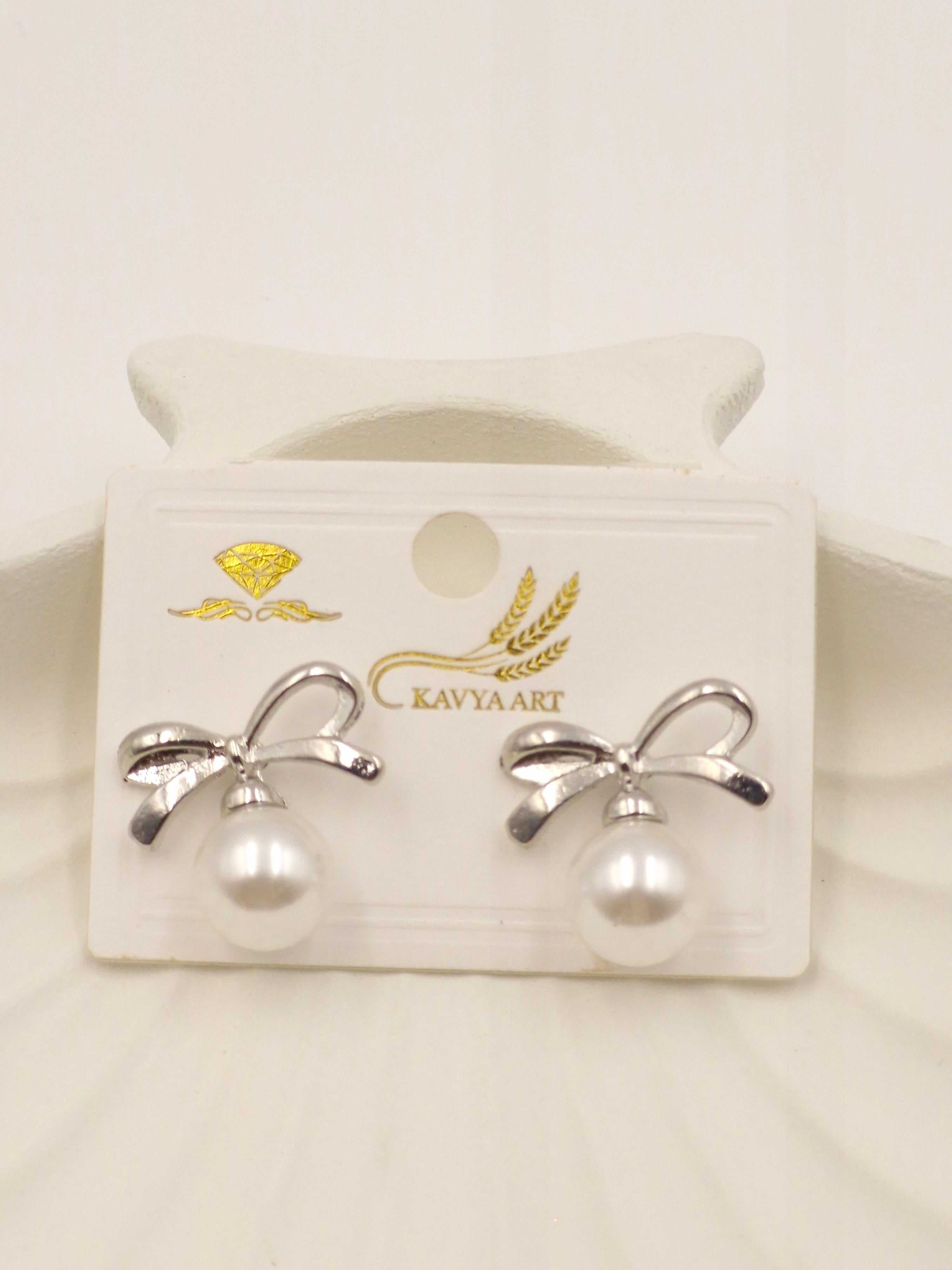 Silver Bow Pearl Drop Earrings – Cute & Elegant Jewelry for Women