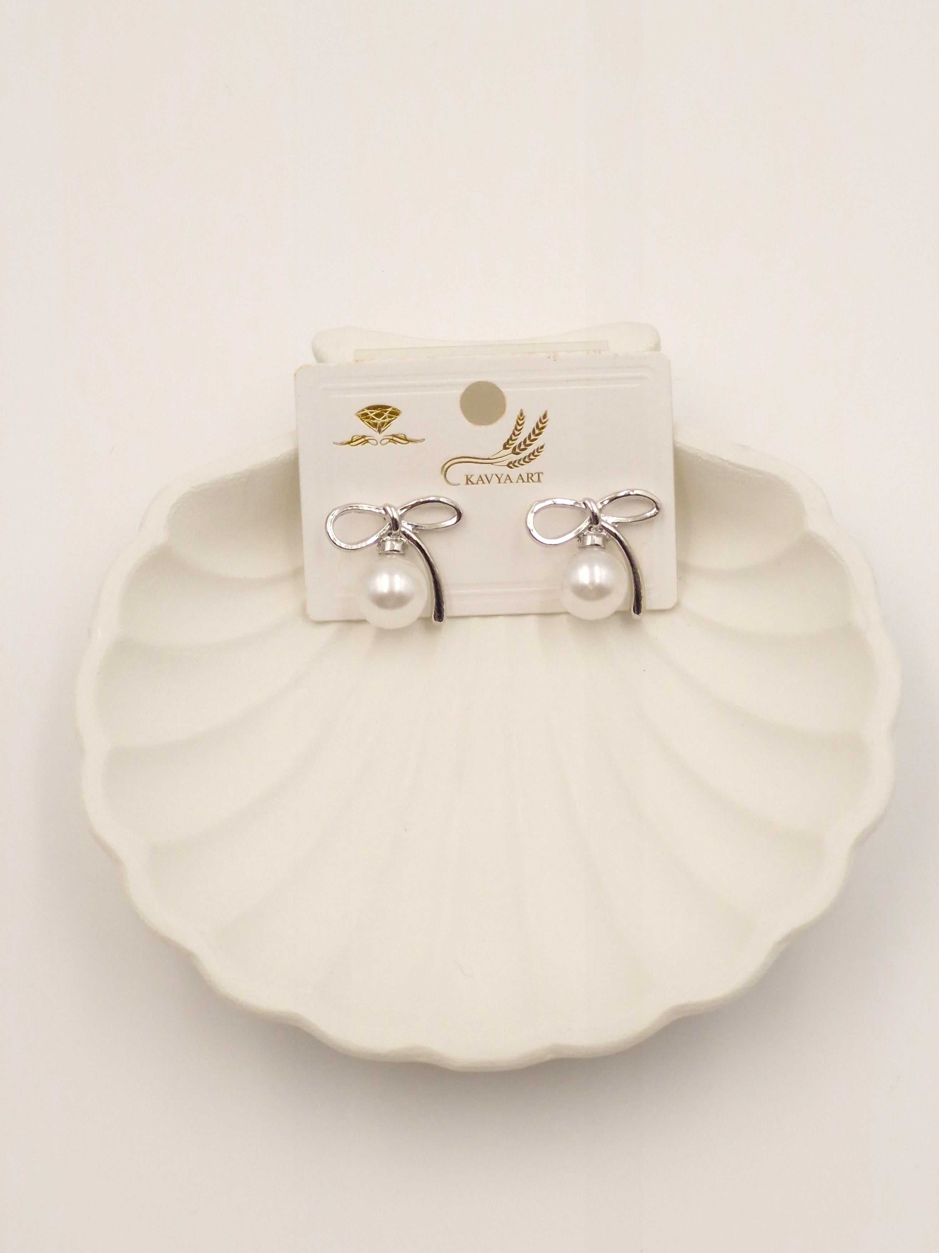 Elegant Silver Bow Knot Pearl Stud Earrings for Women – Classic & Stylish Jewelry