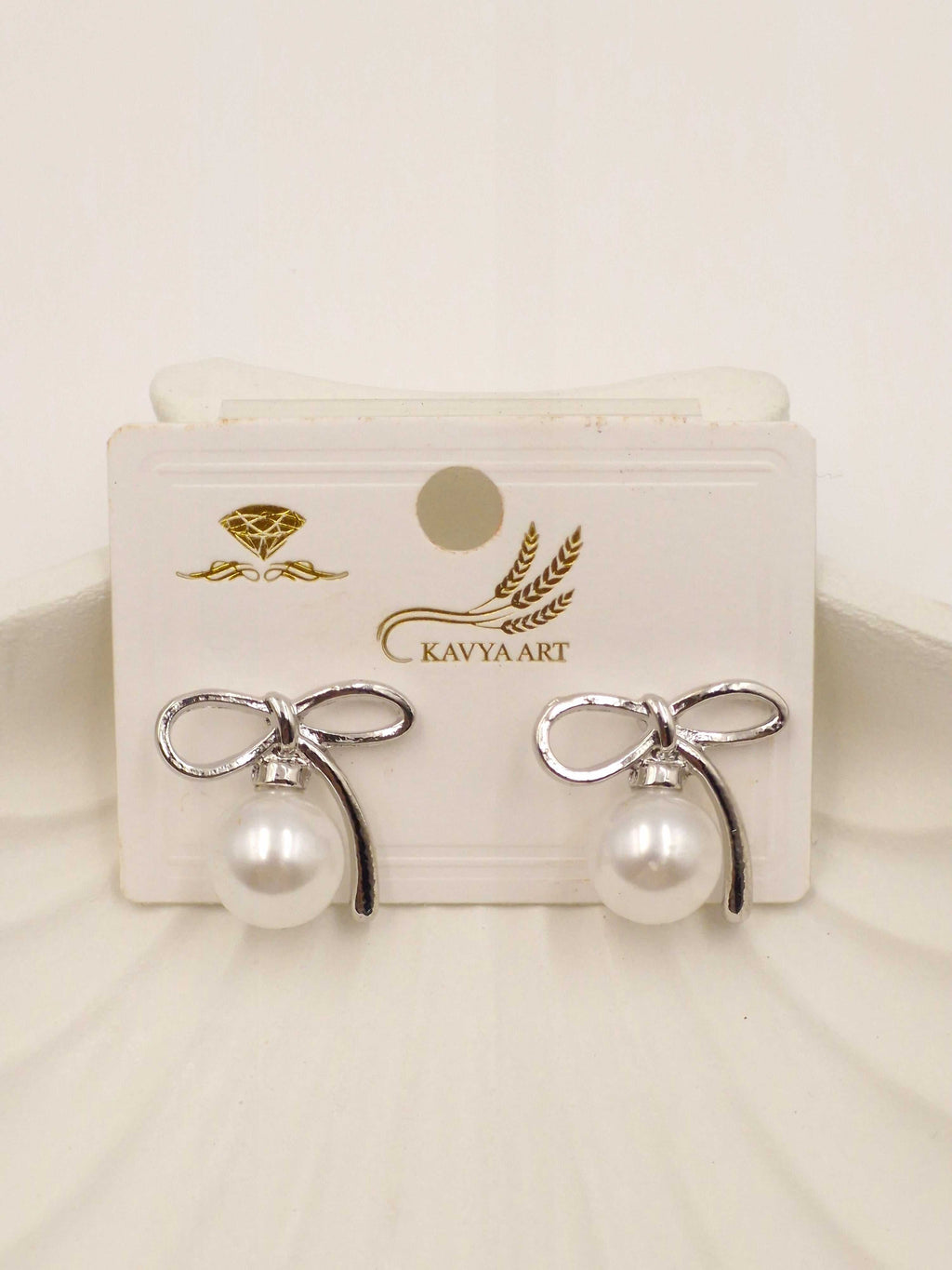 Elegant Silver Bow Knot Pearl Stud Earrings for Women – Classic & Stylish Jewelry