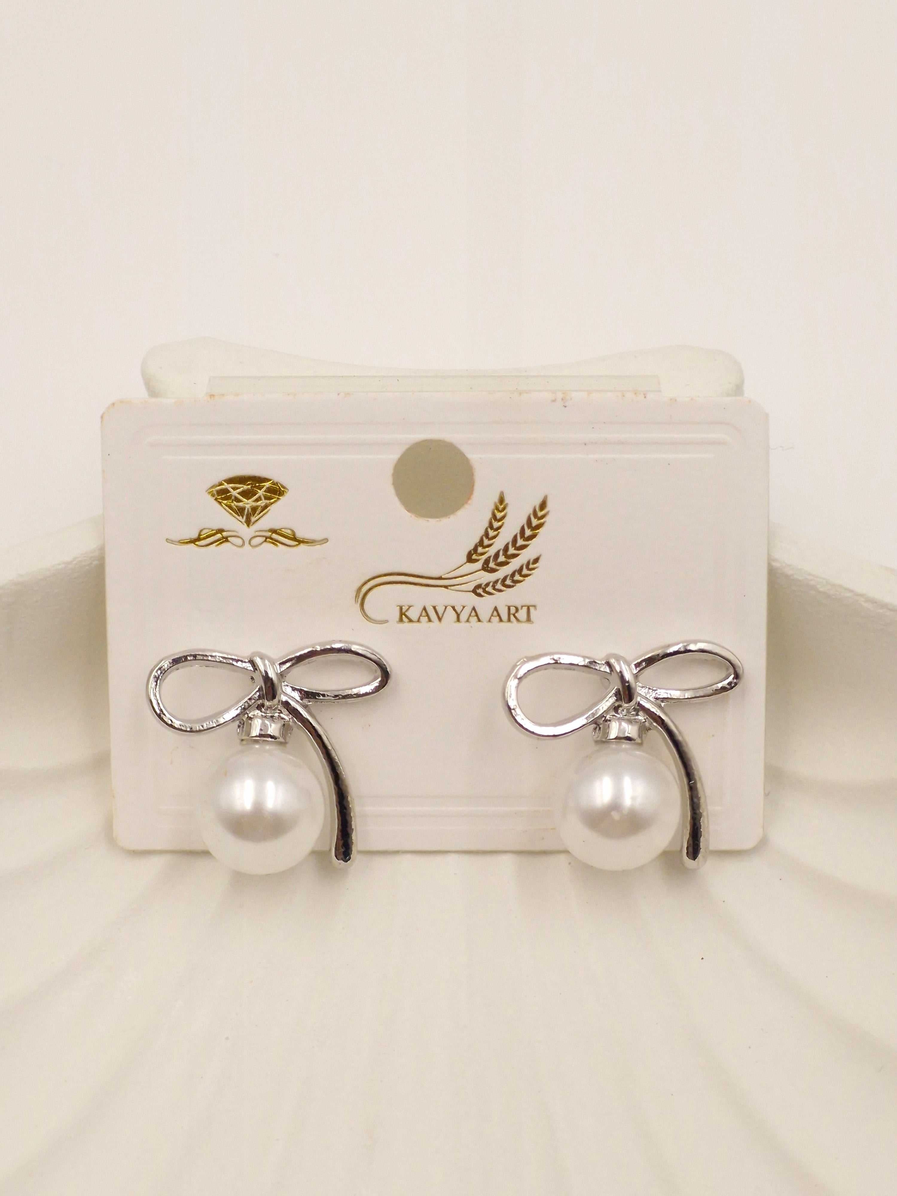 Elegant Silver Bow Knot Pearl Stud Earrings for Women – Classic & Stylish Jewelry