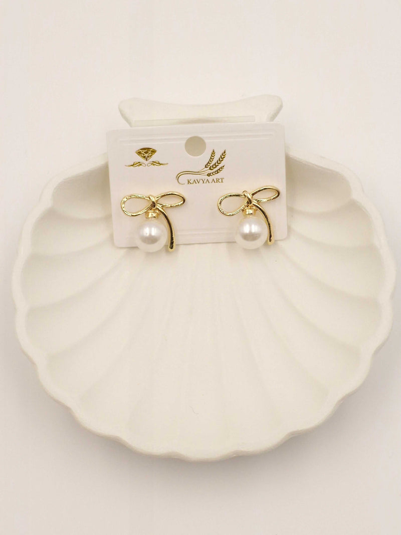 Elegant Golden Bow Knot Pearl Stud Earrings for Women – Classic & Stylish Jewelry