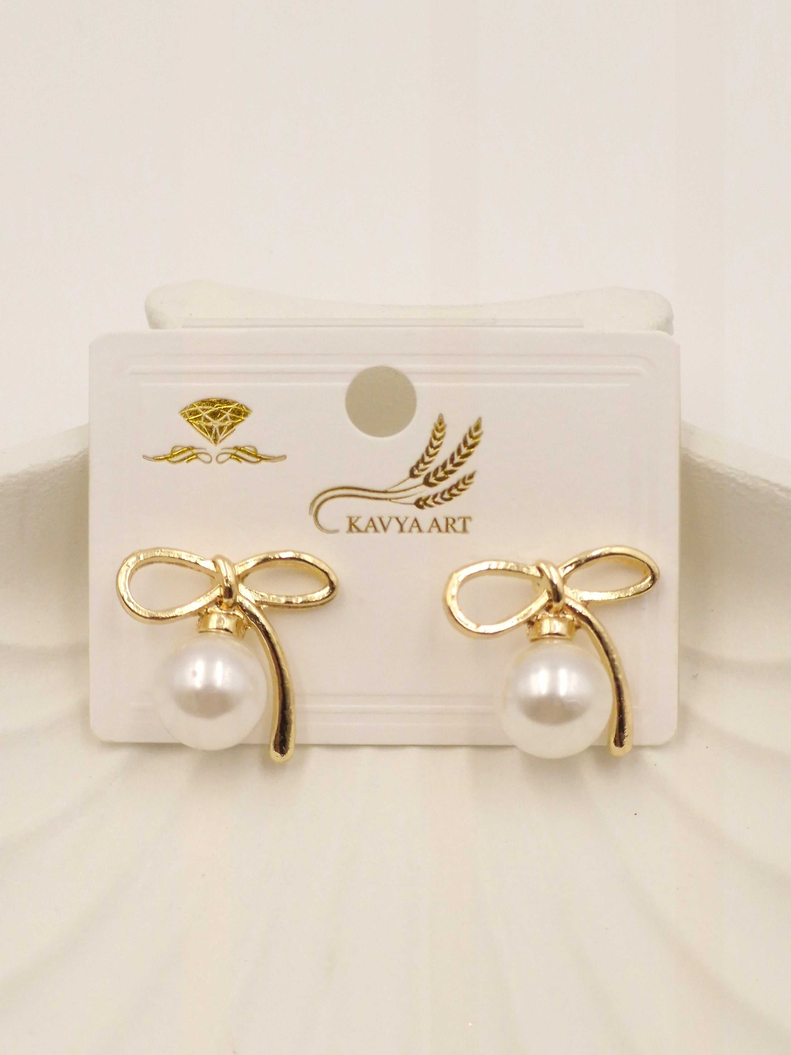 Elegant Golden Bow Knot Pearl Stud Earrings for Women – Classic & Stylish Jewelry