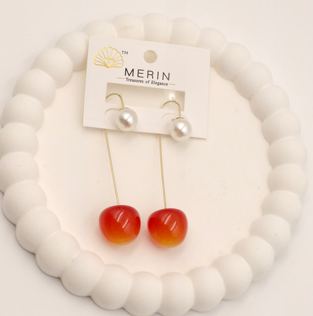 Trendy Pearl & Cherry Drop Earrings for Women – Stylish Long Dangle Earrings