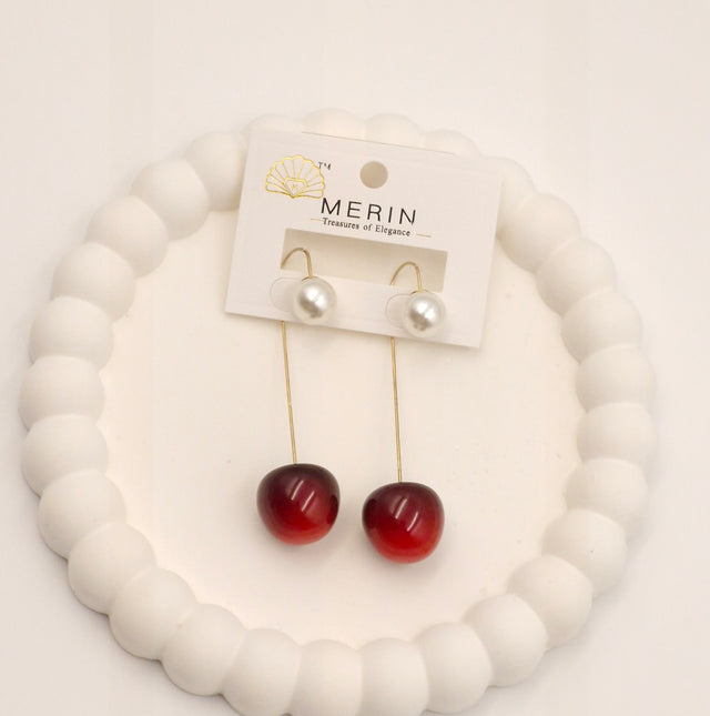 Trendy Pearl & Cherry Drop Earrings for Women – Stylish Long Dangle Earrings