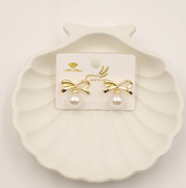 Golden Bow Pearl Drop Earrings – Cute & Elegant Jewelry for Women