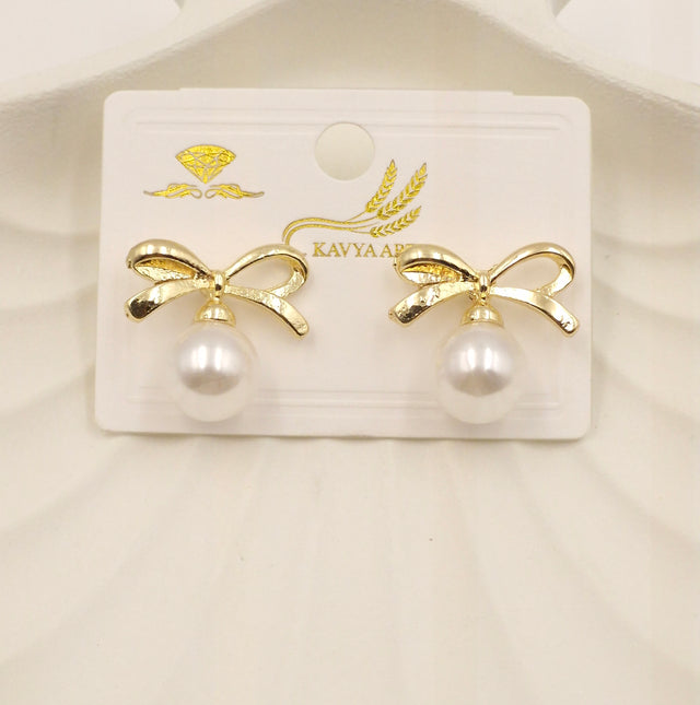 Golden Bow Pearl Drop Earrings – Cute & Elegant Jewelry for Women