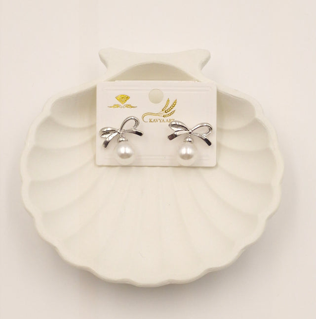 Silver Bow Pearl Drop Earrings – Cute & Elegant Jewelry for Women