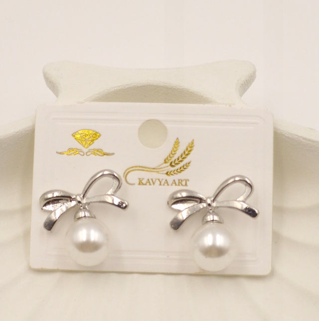 Silver Bow Pearl Drop Earrings – Cute & Elegant Jewelry for Women