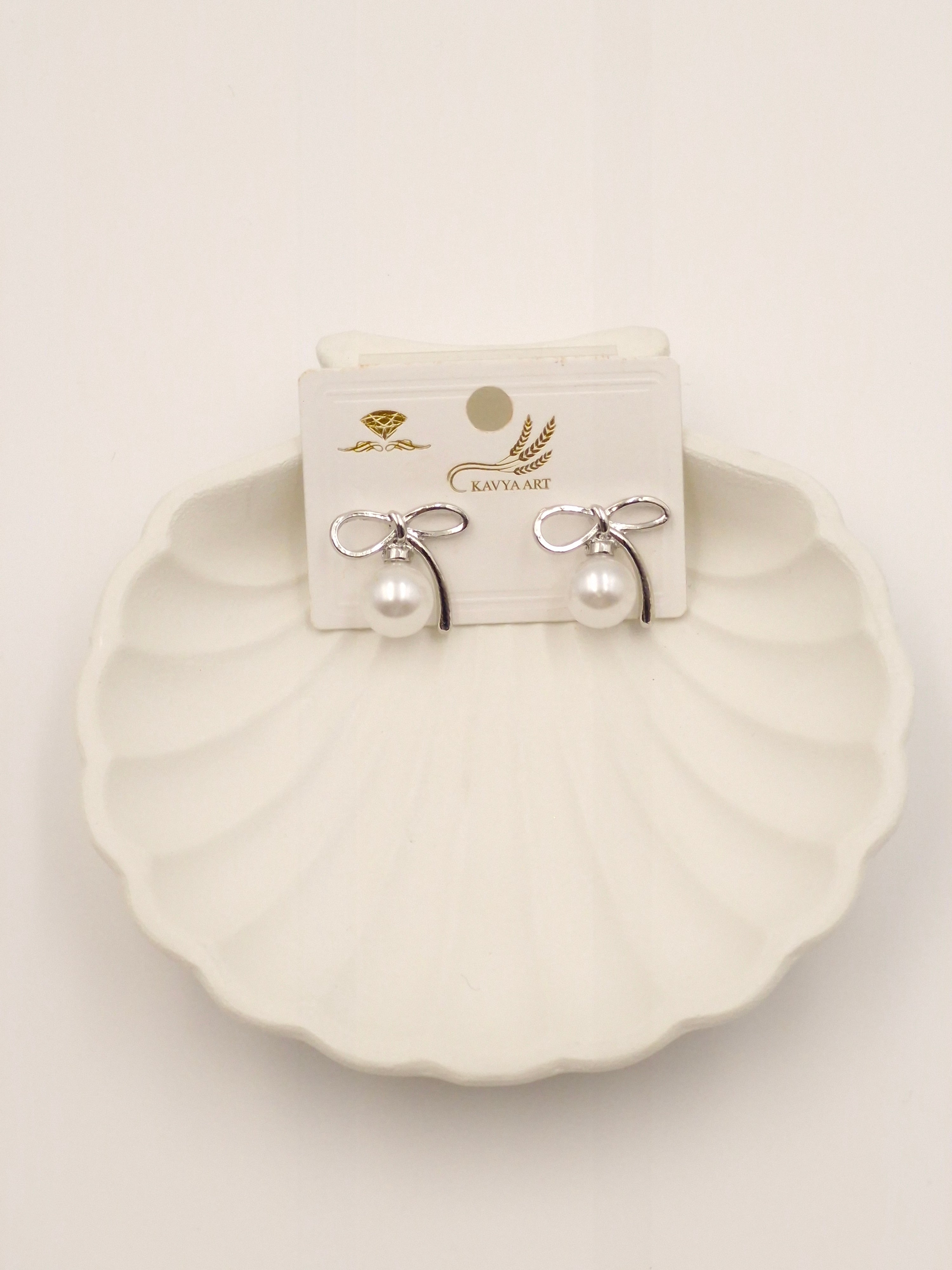 Elegant Silver Bow Knot Pearl Stud Earrings for Women – Classic & Stylish Jewelry