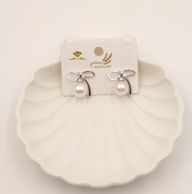 Elegant Silver Bow Knot Pearl Stud Earrings for Women – Classic & Stylish Jewelry