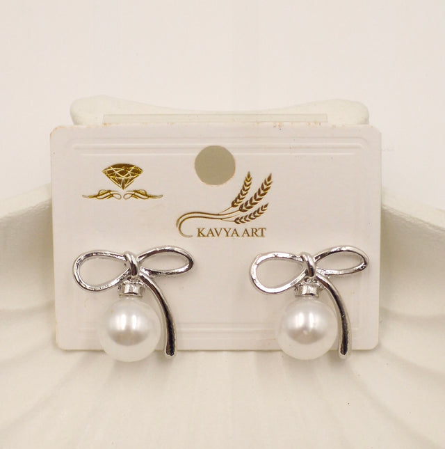 Elegant Silver Bow Knot Pearl Stud Earrings for Women – Classic & Stylish Jewelry