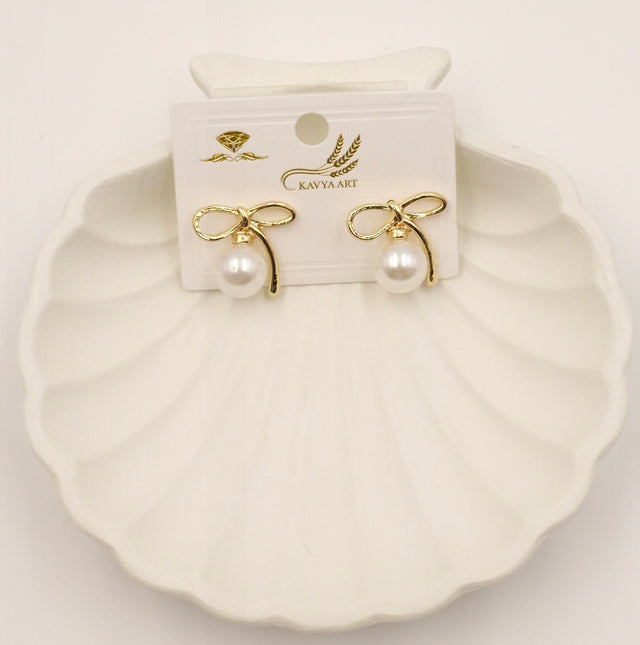 Elegant Golden Bow Knot Pearl Stud Earrings for Women – Classic & Stylish Jewelry
