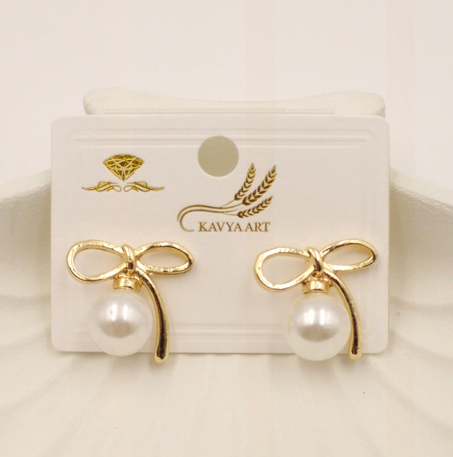 Elegant Golden Bow Knot Pearl Stud Earrings for Women – Classic & Stylish Jewelry