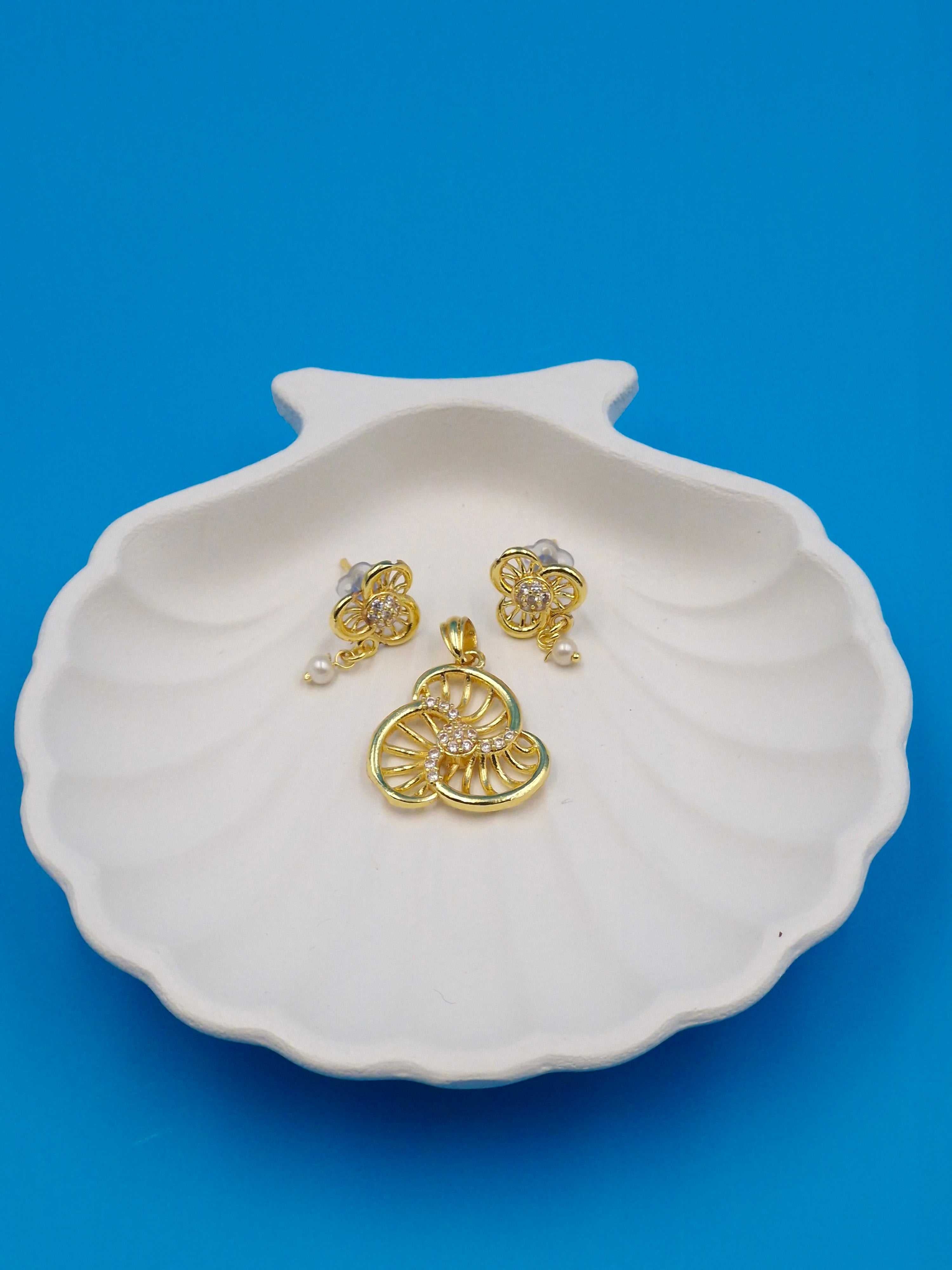 Gold Flower Pendant & Earring Set | Cubic Zirconia & Pearl