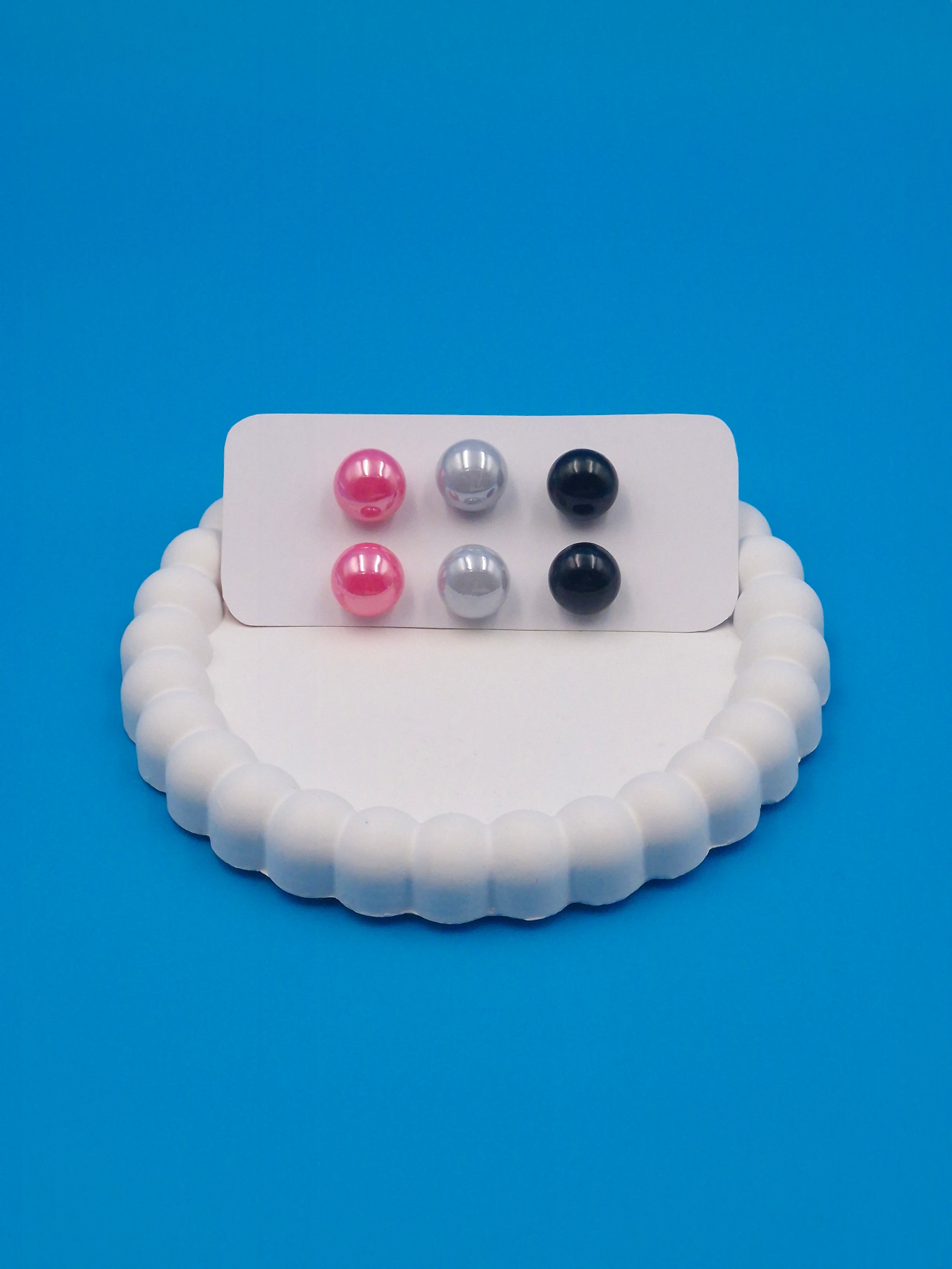 Classic Pearl Stud Earrings Set of 3 Pairs – Pink, Gray & Black Imitation Jewellery for Women & Girls