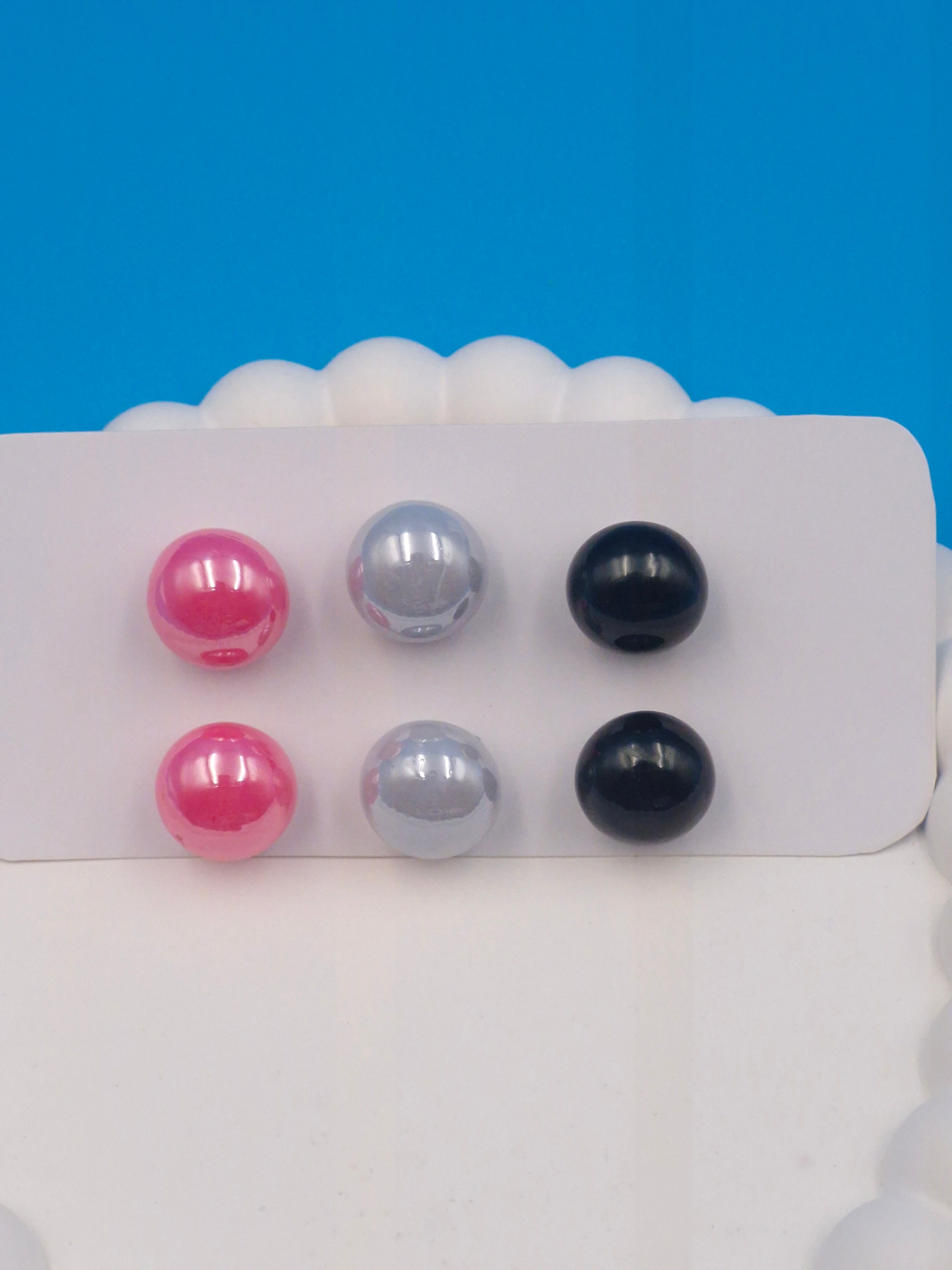 Classic Pearl Stud Earrings Set of 3 Pairs – Pink, Gray & Black Imitation Jewellery for Women & Girls