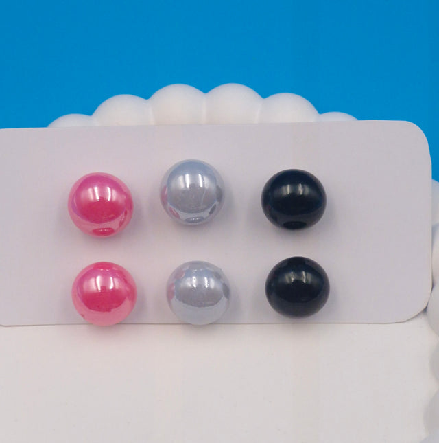Classic Pearl Stud Earrings Set of 3 Pairs – Pink, Gray & Black Imitation Jewellery for Women & Girls