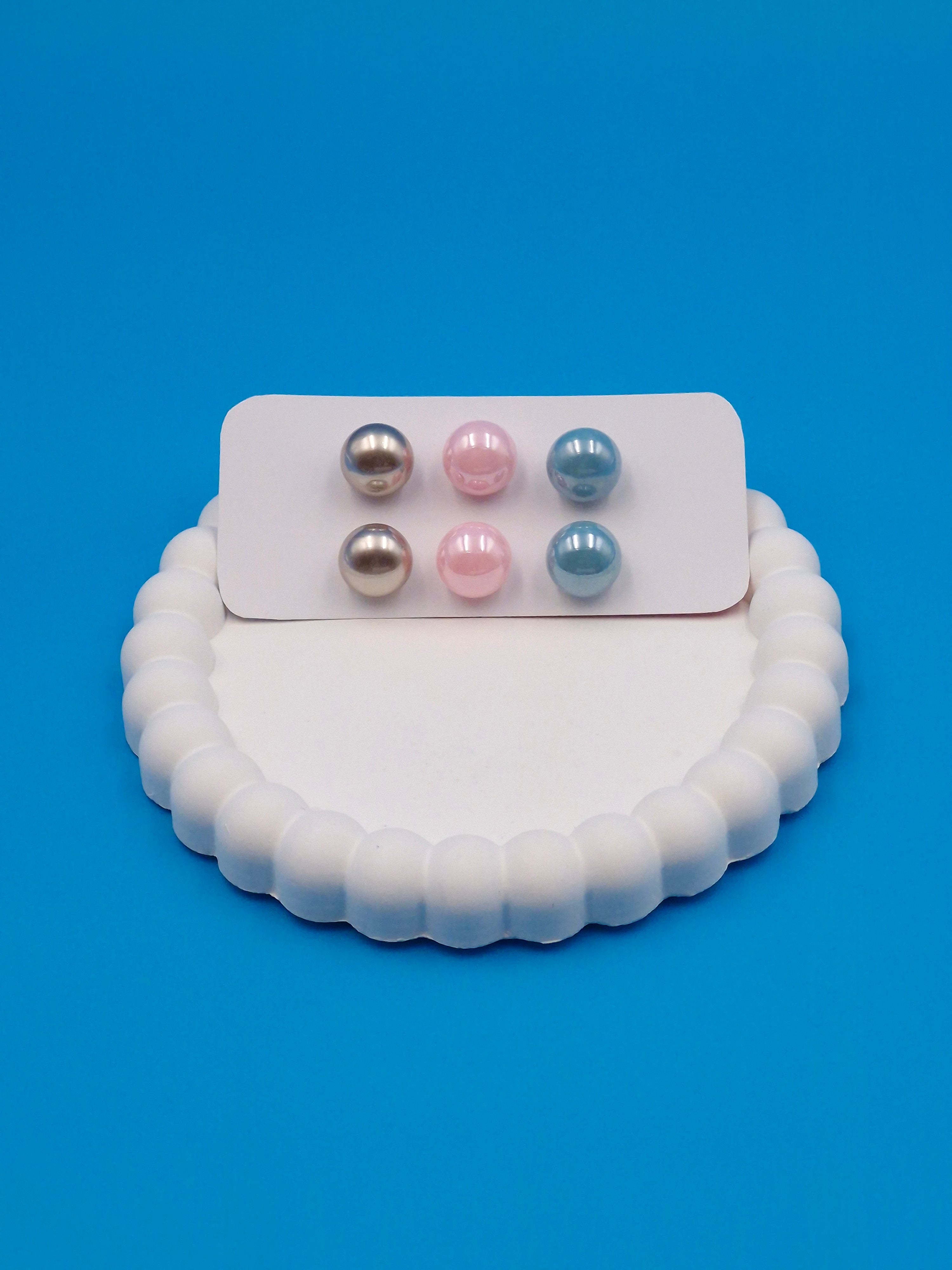 Classic Pearl Stud Earrings Set of 3 Pairs – Gold, Light Pink & Sky Blue Imitation Jewellery for Women & Girls