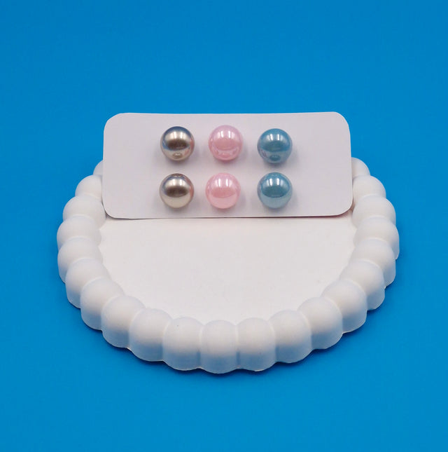 Classic Pearl Stud Earrings Set of 3 Pairs – Gold, Light Pink & Sky Blue Imitation Jewellery for Women & Girls
